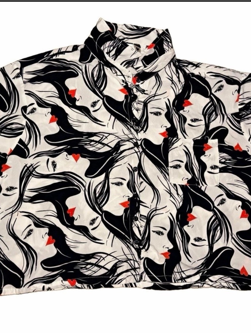 Women's Black & White Portrait-Print Button-Down Shirt with Red Accents
